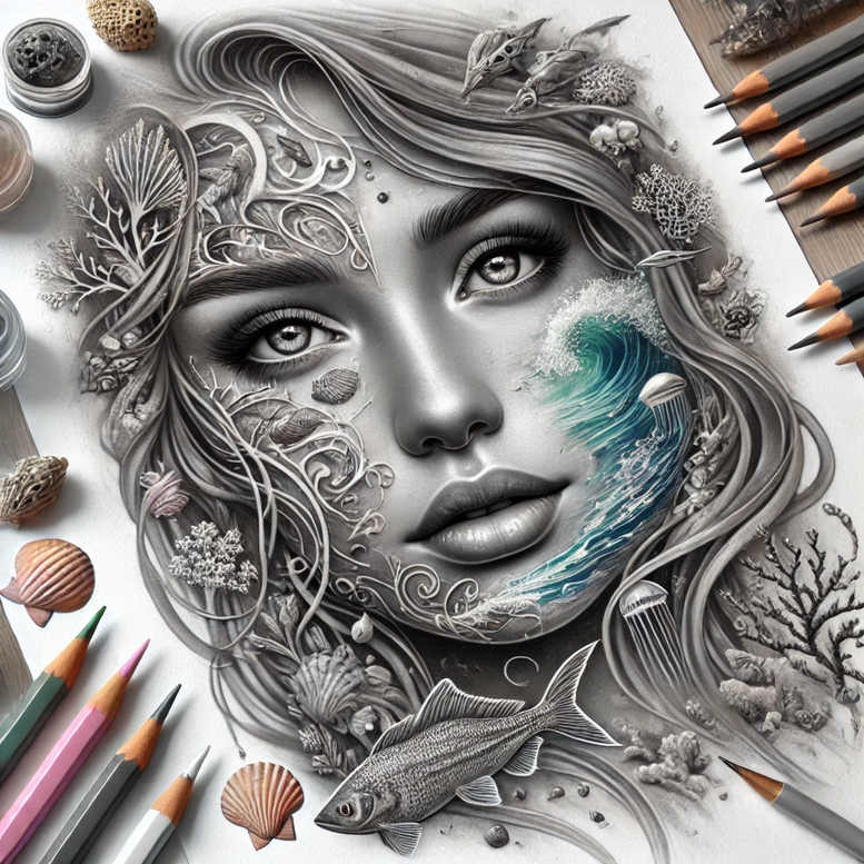 Face of a woman in black and grey with hair woven into seaweed, shells, coral and fish; blue wave accents; pattern-rich tattoo project concept; not ideal for cover-up.