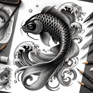 Koi fish in black and grey with curling waves, AI-generated tattoo project; cover-up-ready design with dramatic shading.