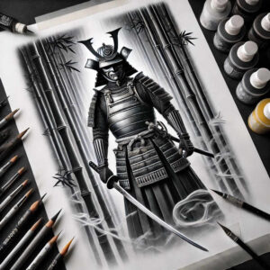 Black and grey samurai in ornate armor with a katana among bamboo; a tattoo project, ideal for a cover-up.