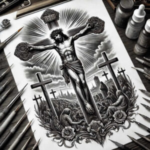 jesus-with-crown-of-thorns – tattoo design ideas free ai generated – soft-transitions – for-biceps – Gallery: jesus-inkby-ai