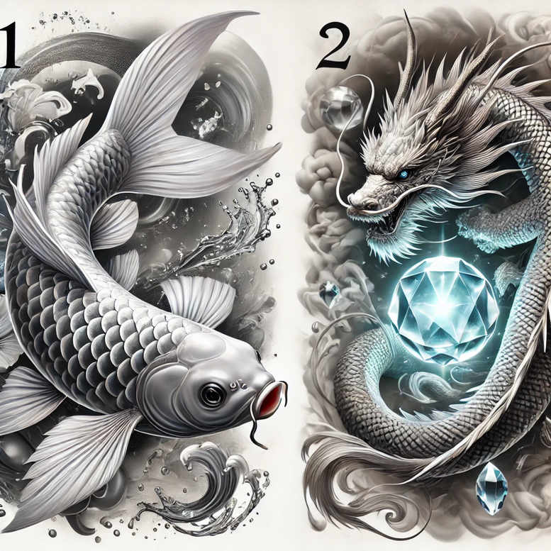 Two-panel, black and grey koi and dragon tattoo design with a glowing gemstone; project idea.