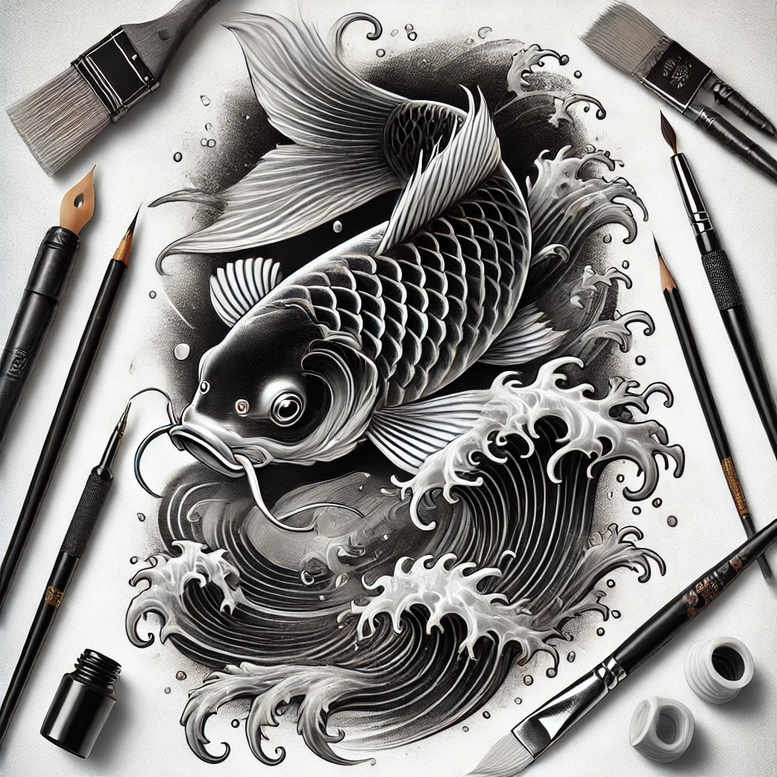 Koi fish in black and grey with detailed waves pattern, surrounded by ink bottle, jars, and brushes; AI-generated tattoo project; suitable for cover-up.