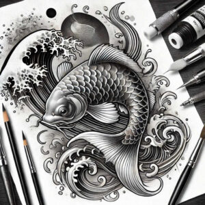 koi-with-flowers-surrealism-fantastical-for-toe – tattoo design ideas free ai generated – Gallery: koi-fish-inkby-ai