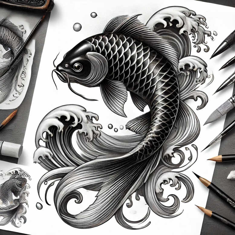 koi-and-river-realism-real-life-shading-for-temple – tattoo design ideas free ai generated – Gallery: koi-fish-inkby-ai