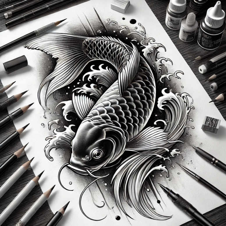 Dragon head with flowing scales in black and grey; tattoo design project suitable for cover-up pattern.