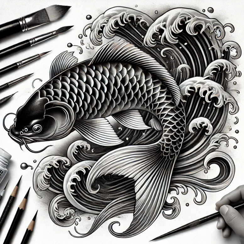 Koi fish in black and grey with waves; project idea for a cover-up tattoo.