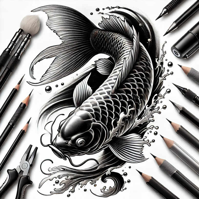 Koi fish in black and grey with surrounding tattoo tools such as pens and brushes around; a cover-up ready design project.