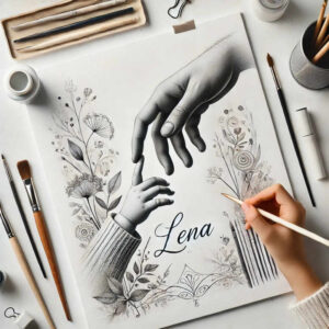 Two hands drawn in black and grey pencil, framing delicate flowers and leaves around the name Lena; a tattoo project idea; suitable for cover-up.