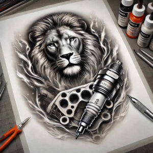 Lion head with a realistic tattoo machine in grayscale; ink bottle, pliers, and pen visible; AI-generated tattoo project; black and grey tattoo concept