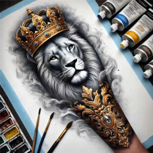 lion-in-shadow – tattoo design ideas free ai generated – surrealism-distorted-reality – for-outer-arm – Gallery: lions-inkby-ai