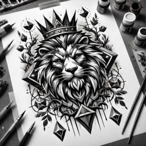 lion-with-3d-effect – tattoo design ideas free ai generated – realism-transparent-layer – for-sternum – Gallery: lions-inkby-ai