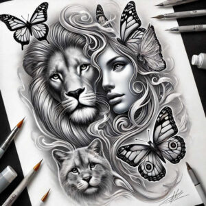 lion-with-open-mouth – tattoo design ideas free ai generated – neotraditional-subtle-tone – for-triceps – Gallery: lions-inkby-ai