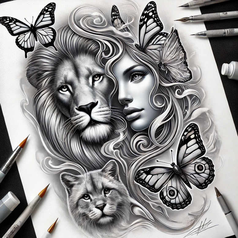 lion-with-open-mouth – tattoo design ideas free ai generated – neotraditional-subtle-tone – for-triceps – Gallery: lions-inkby-ai