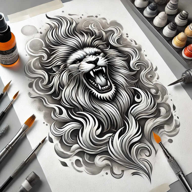 lion-with-shading – tattoo design ideas free ai generated – surrealism-phantasmagoria – for-upper-thigh – Gallery: lions-inkby-ai