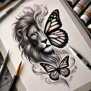 lions tattoo design ideas Surrealism fluid forms iconic for ankle