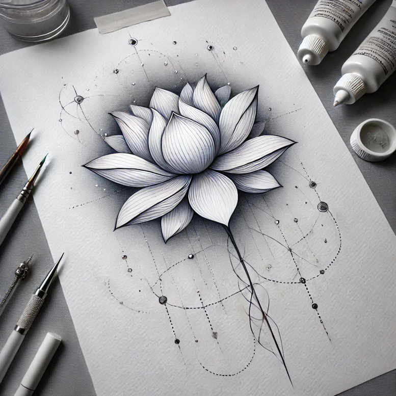 Lotus blossom sketch on white paper in black and grey, tattoo design concept with geometric pattern of circles and dots; drawing tools nearby.