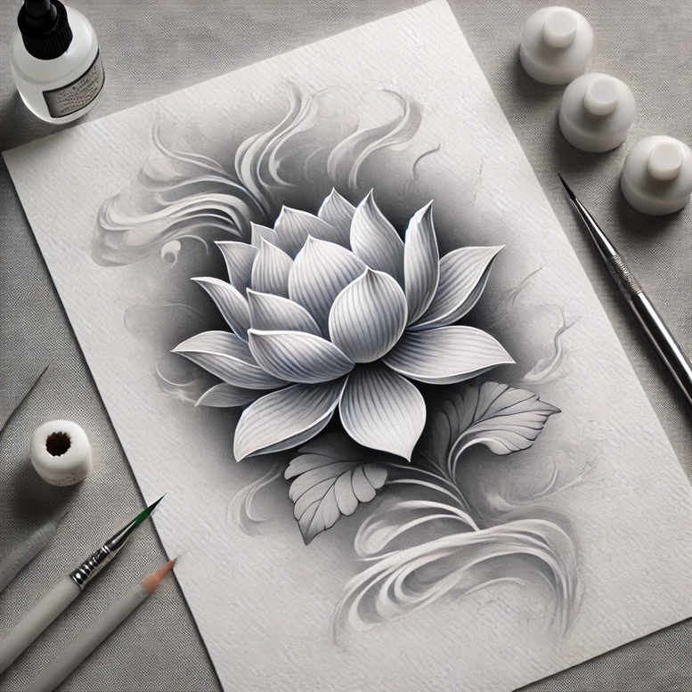 Black and grey lotus flower tattoo design on paper with surrounding leaves, brush, and ink bottle; AI-generated tattoo project; not a dedicated cover-up.