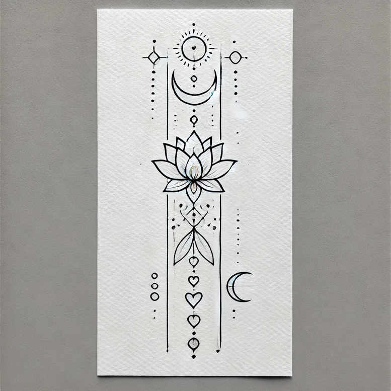 Lotus tattoo design in black ink with fine lines on white paper; lotus centered with petals, sun above, crescent moon to the right, vertical lines and heart motifs along the stem; project idea; not suitable for cover-up.