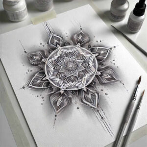 Mandala flower in black and grey on white paper with leaves, brush, and ink bottle; tattoo project idea; not a cover-up.