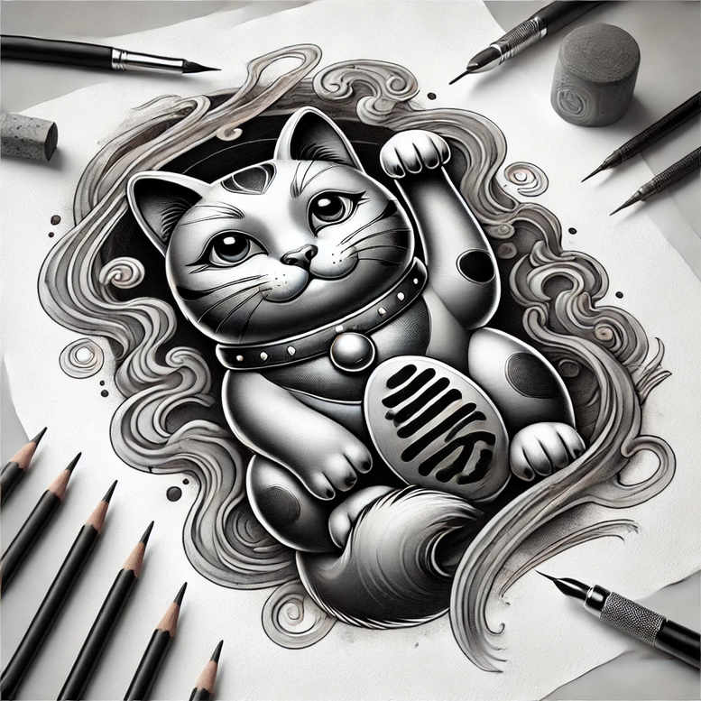 Cat, paw, collar, bell, pencil, pen, eraser, paper; black and grey; AI-generated tattoo project concept; cover-up: no.