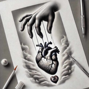 Black and grey tattoo concept: hand, heart, string, eye pendant, pencil, scalpel, and blade visible; project idea; cover-up suitable.