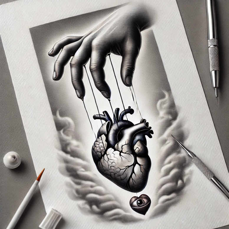 Black and grey tattoo concept: hand, heart, string, eye pendant, pencil, scalpel, and blade visible; project idea; cover-up suitable.