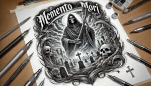 Black-and-grey AI-generated cover-up tattoo concept: grim reaper with scythe amid cemetery, skulls, crosses, ornate frame, on paper with pens and ink pots nearby.
