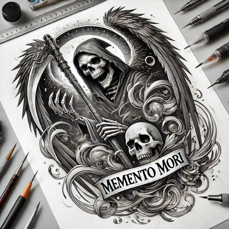 Black and grey illustration of a hooded skeleton with a scythe, wings, and MEMENTO MORI banner; perfect cover-up tattoo design project.