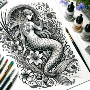 Mermaid with flowing hair, scales, flowers, leaves, and decorative swirls in black and grey line art; tattoo project concept.