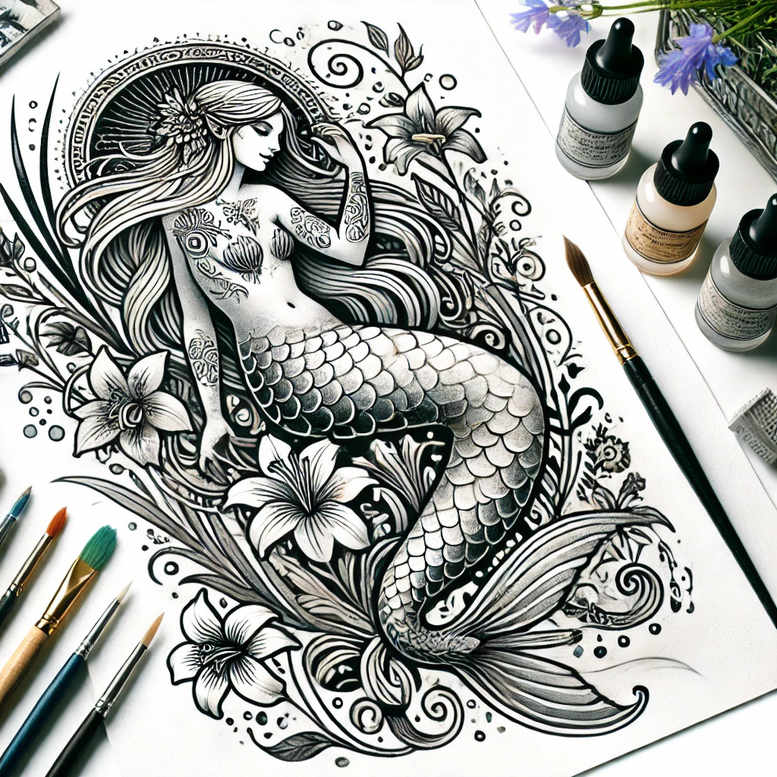 Mermaid with flowing hair, scales, flowers, leaves, and decorative swirls in black and grey line art; tattoo project concept.