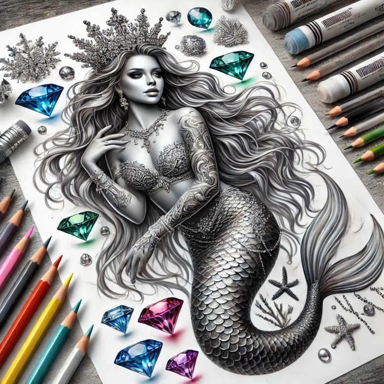 mermaid-outline-tattoo – tattoo design ideas free ai generated – surrealism-dream-motifs – for-temple – Gallery: mermaids-inkby-ai