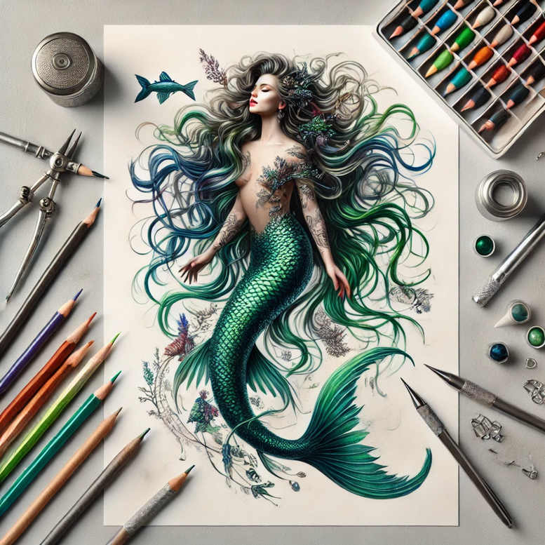 mermaid-magic-tattoo-neotraditional-contrasting-colors-for-outer-arm – tattoo design ideas free ai generated – Gallery: mermaids-inkby-ai