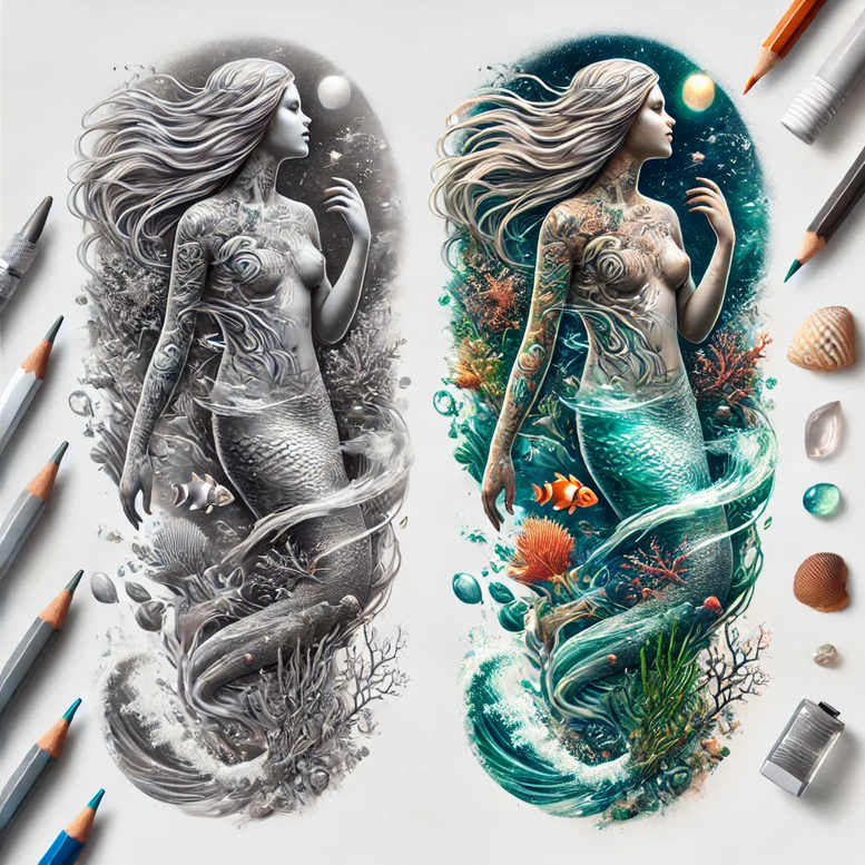 mermaid-tattoo-design – tattoo design ideas free ai generated – neotraditional-artistic-contrast – for-fingers – Gallery: mermaids-inkby-ai