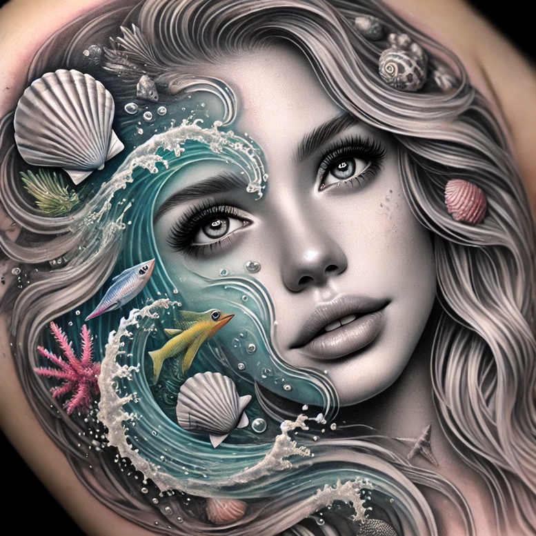 mermaid-with-water – tattoo design ideas free ai generated – neotraditional-refined-color-palette – for-wrist – Gallery: mermaids-inkby-ai
