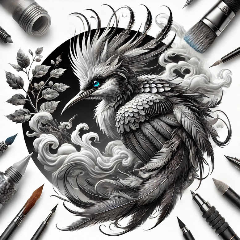Phoenix centerpiece in black and grey with detailed feathers, circle halo, swirling waves and clouds; AI-generated tattoo project, ideal for a cover-up.