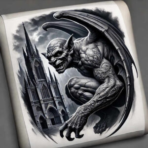 Black and grey gargoyle demon with outstretched wings beside a Gothic cathedral; arm tattoo pattern visible; project suitable for cover-up.