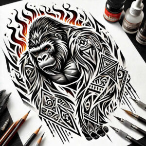 monkey-with-ornament-tattoo-neotraditional-bold-highlights-for-elbow – tattoo design ideas free ai generated – Gallery: monkeys-inkby-ai