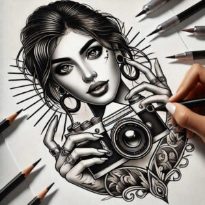 Black and grey illustration of a woman holding a camera, with flowers, leaves, rings, and pencils around; a tattoo design concept, suitable for a cover-up.