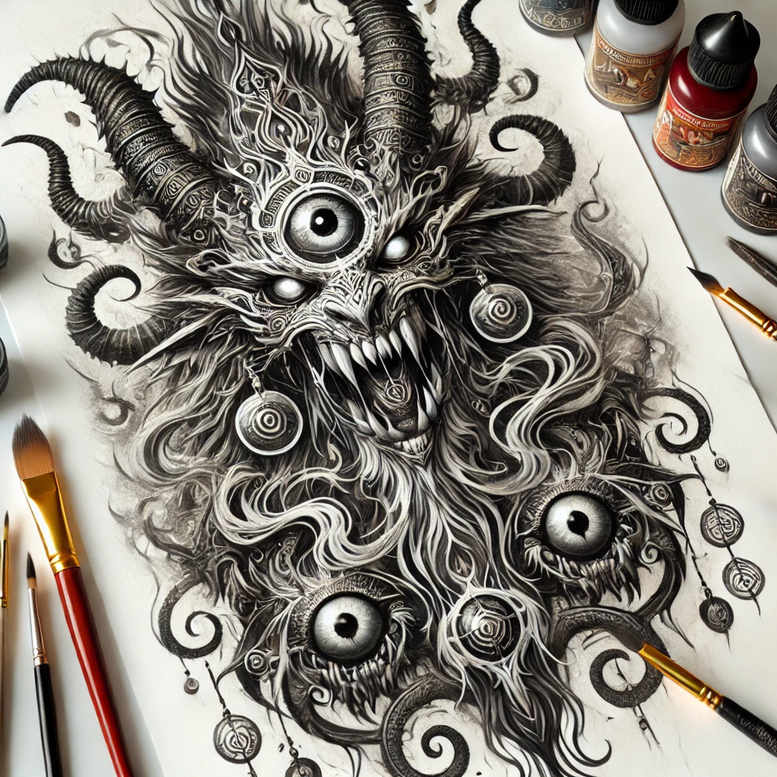 Black and grey, project idea for a multi-eyed Slavic demon with tentacles and shaggy mane; explicit cover-up potential due to dense shading.