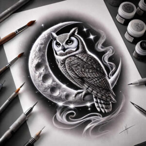 Owl perched on a crescent moon with black and grey shading, smoke swirls and stars; tattoo design concept, project, cover-up-ready, pattern.