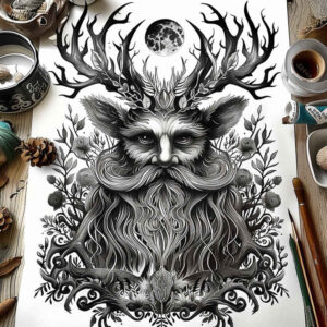 Deer head with antlers, moon above, flowers and leaves; black and grey; AI-generated tattoo project, suitable for cover-up.