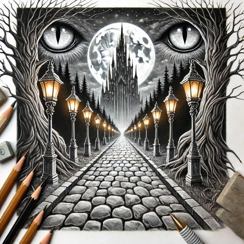 Path of cobblestones toward a distant castle under a moonlit black-and-grey sky, framed by twisted trees with watchful eyes and glowing lamps; pattern-rich tattoo project, cover-up ready.