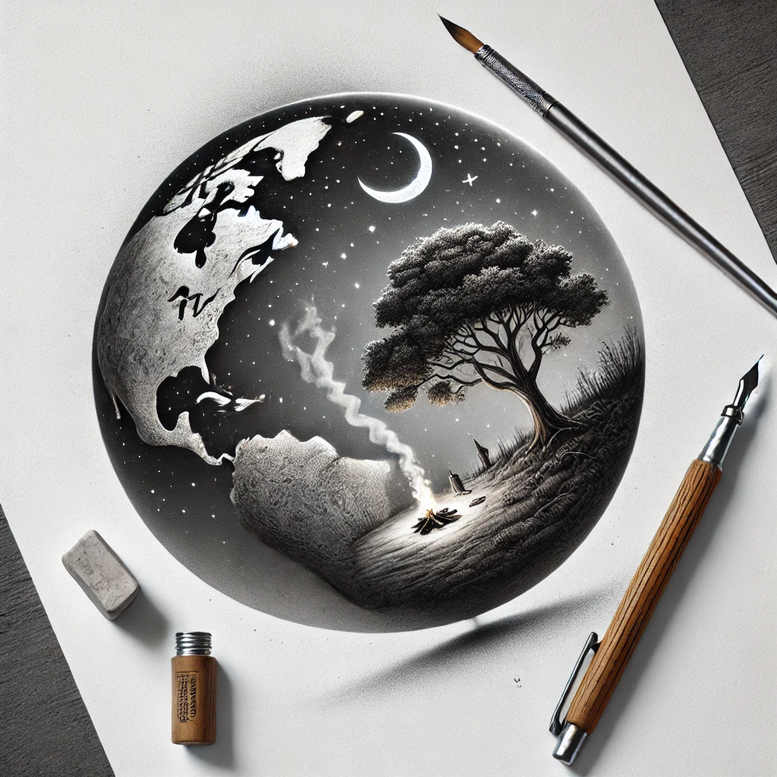 Circular black-and-grey tattoo canvas showing moon, tree, rock, and starry sky; ink bottle, brush, dip pen, and paper nearby; project for cover-up.