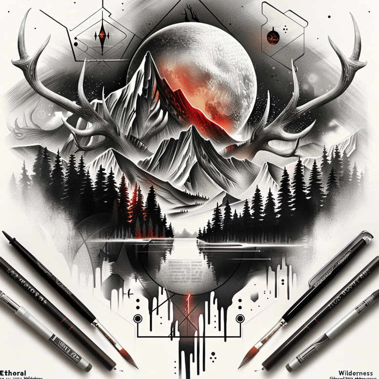 Moon framed by antlers over mountains with pines and a reflective lake; rifles extend outward; black and grey; AI-generated cover-up tattoo concept.