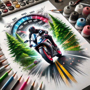 Colorful motorcycle, speedometer arc, road with yellow lines, pine trees, speed lines, paints, pencils; color; project idea; suitable for cover-up.