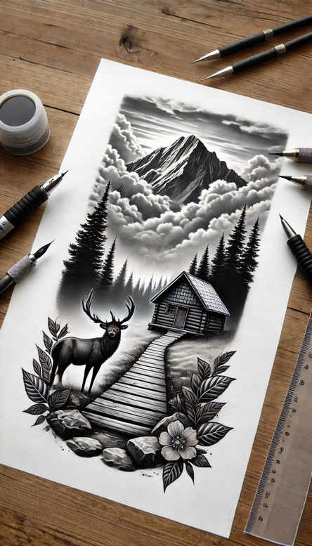 Black and grey mountain landscape tattoo design featuring a cabin, pine trees, a lake, and a rock; AI-generated tattoo project idea, suitable for cover-up.
