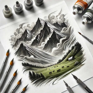 Mountain, clouds, meadow with cows, trees, and a small house; black and grey ink; tattoo design concept; not a cover-up.