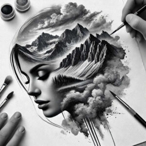 Face in profile in black and grey, mountains and clouds forming the hair, with brush and hand visible; cover-up tattoo project.