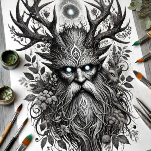 Black and grey face with antlers, moon, fox, flowers, leaves and beard; tattoo design idea, cover-up-ready.