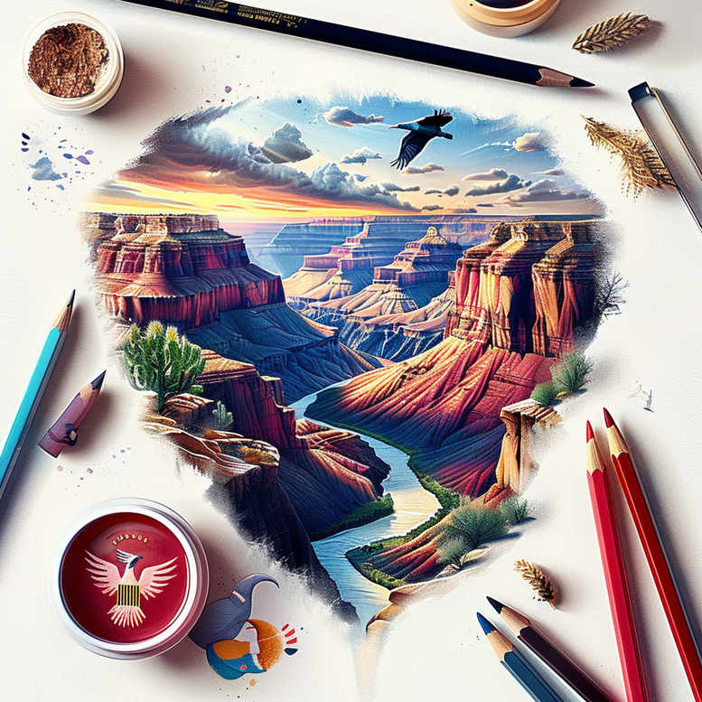 Colorful canyon landscape watercolor painting on a desk with brushes, palette, pencils, paper, a cup of water, and a red jar; project idea for tattoo design.